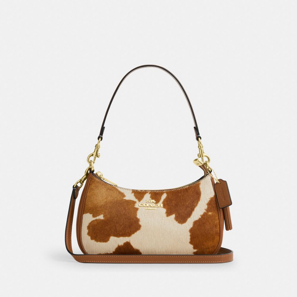 Coach Teri Shoulder Bag In Haircalf With Cow Print Gold Cow Multi