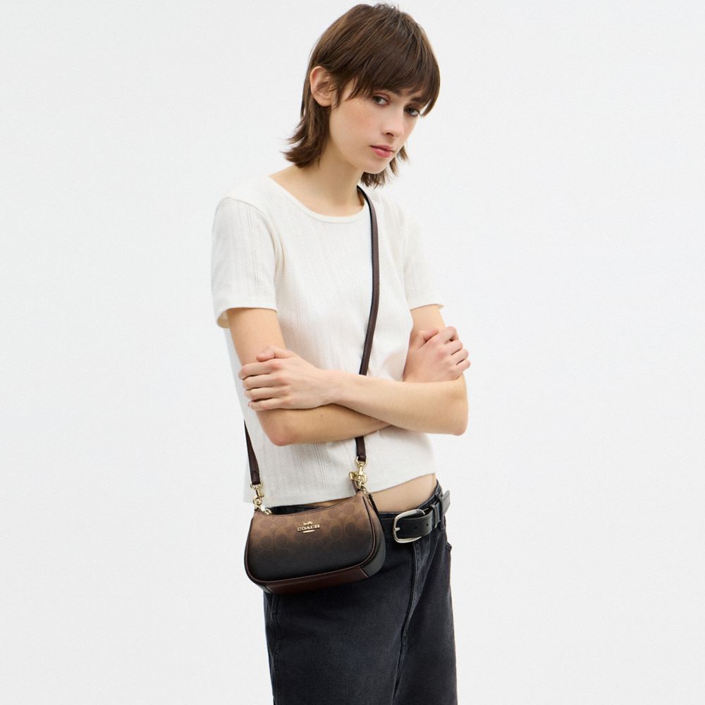 Coach Teri Mini Crossbody Bag In Ombre Signature Canvas Gold Brown