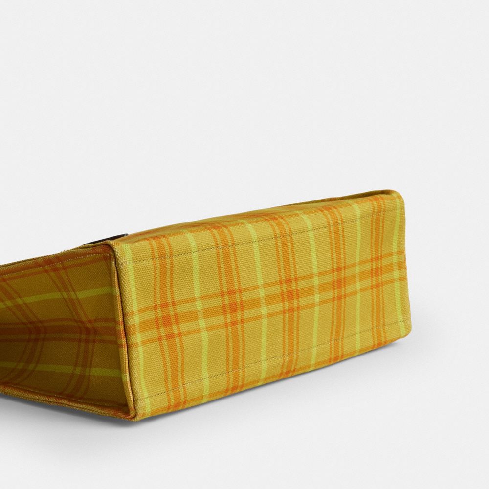 Coach Canvas Tote Bag With Plaid Print Gold Burnished Amber