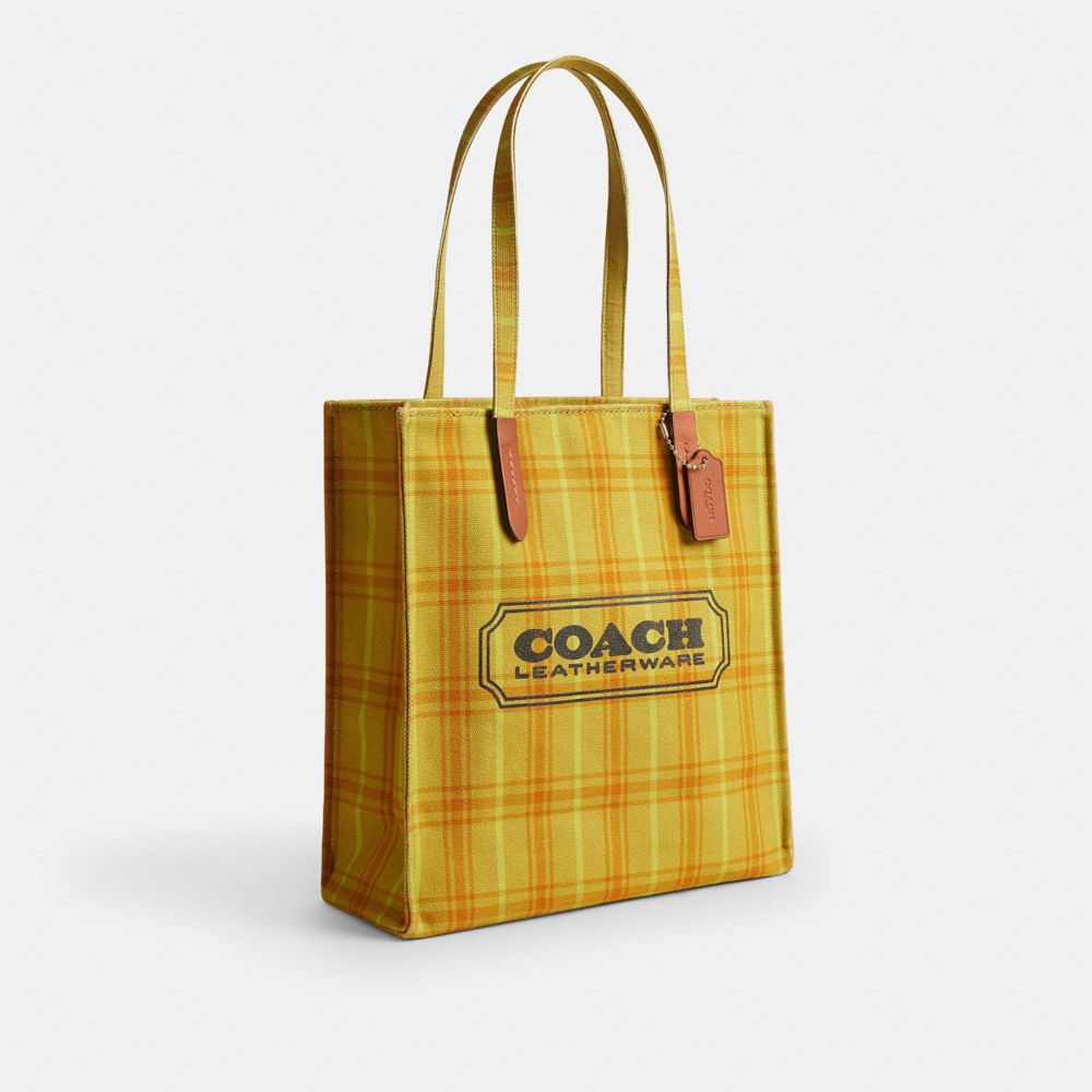 Coach Canvas Tote Bag With Plaid Print Gold Burnished Amber