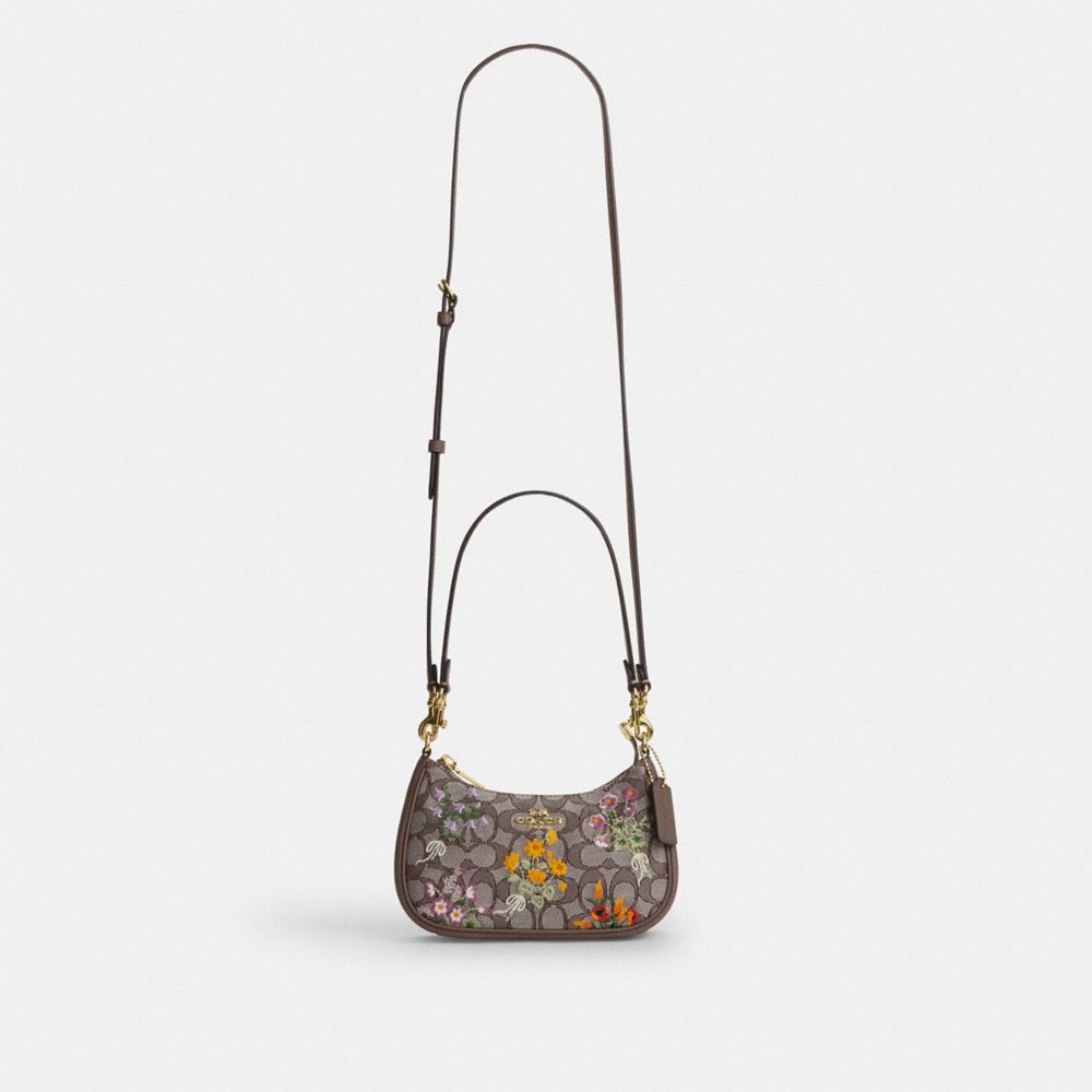 Coach Teri Mini Crossbody Bag In Signature Jacquard With Floral Embroidery Gold Oak Multi