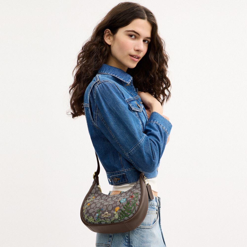 Coach Emily Shoulder Bag In Signature Jacquard With Floral Embroidery Gold Oak Multi