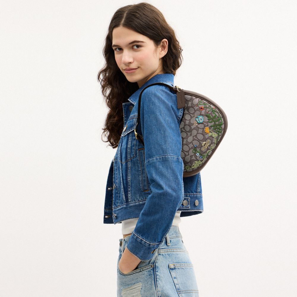 Coach Emily Shoulder Bag In Signature Jacquard With Floral Embroidery Gold Oak Multi