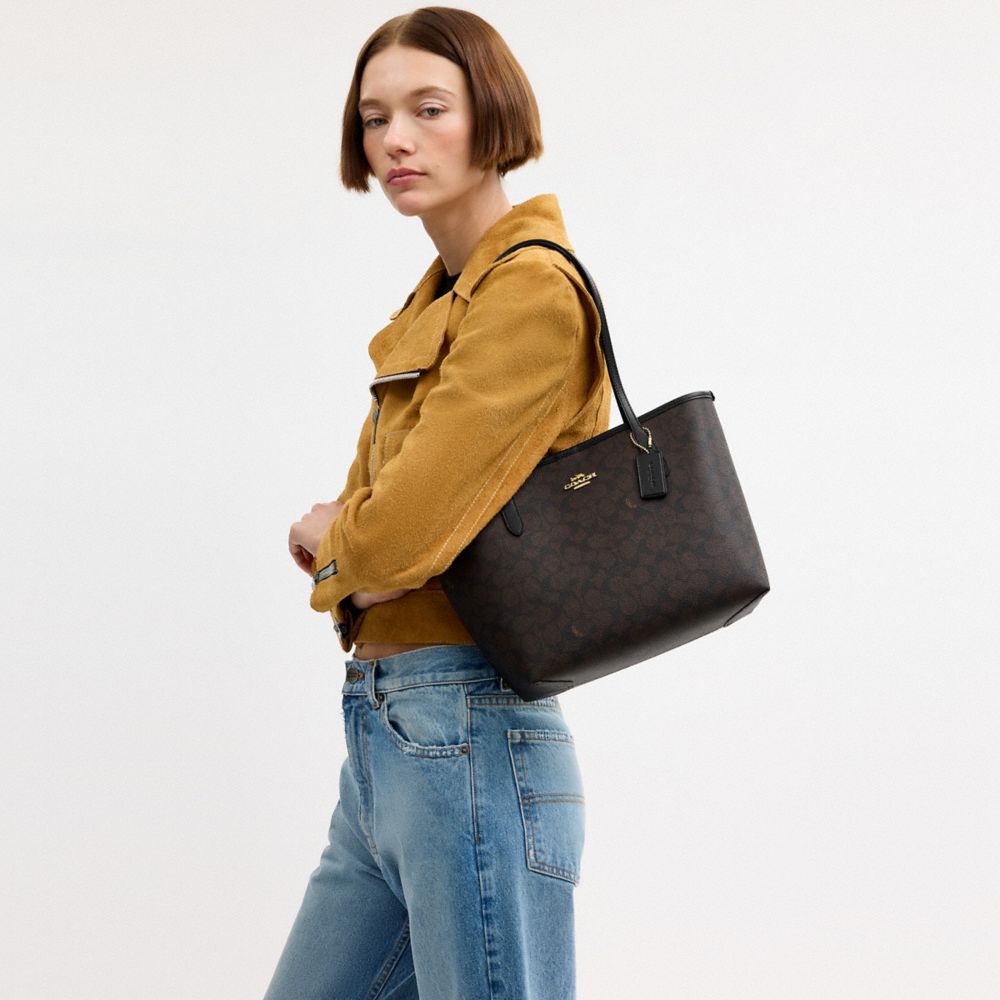 Coach Medium City Tote Bag In Signature Canvas Gold Walnut Black