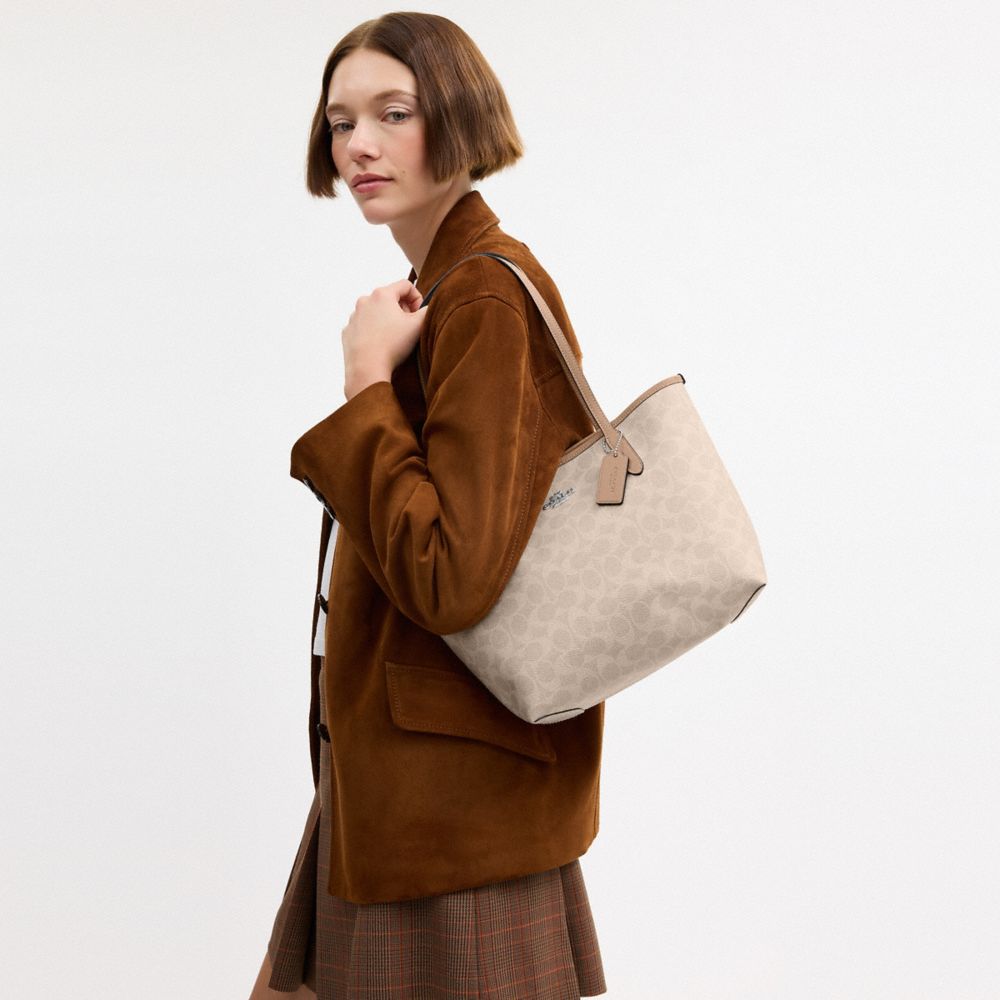 Coach Medium City Tote Bag In Signature Canvas Silver Sand Taupe