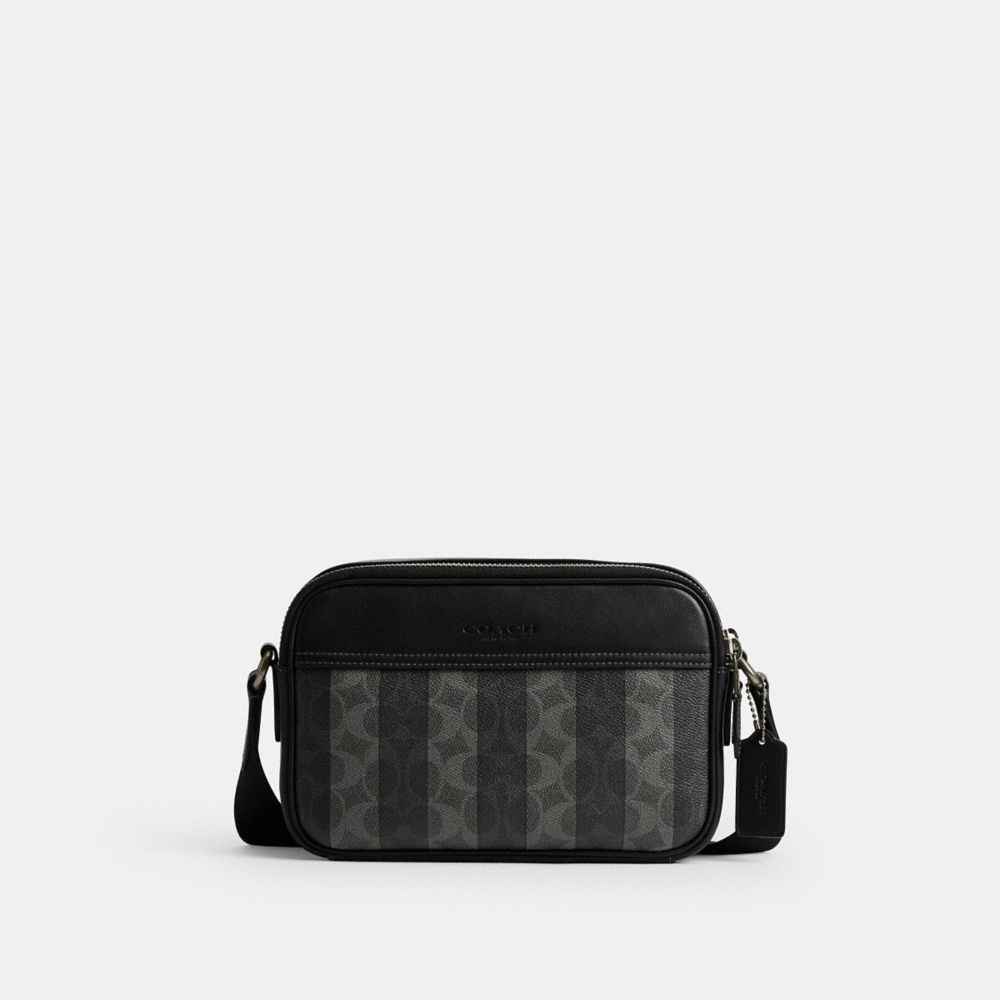Coach Graham Crossbody Bag In Signature Canvas With Stripes Gunmetal Black Grey