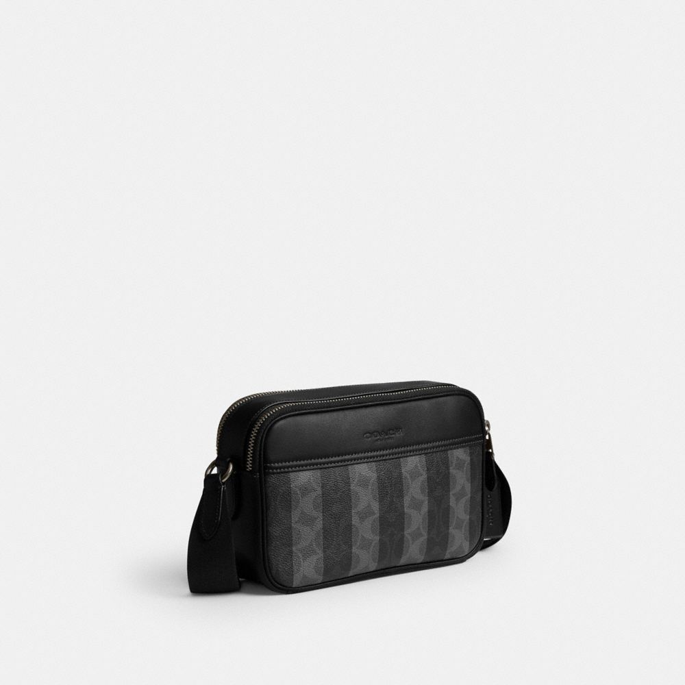Coach Graham Crossbody Bag In Signature Canvas With Stripes Gunmetal Black Grey