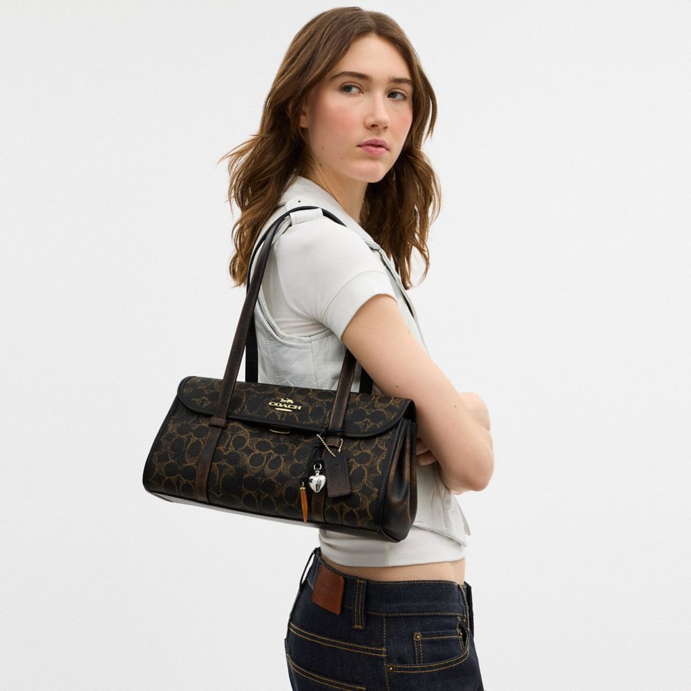 Coach Bridget Flap Shoulder Bag In Loved Signature Canvas With Charms Gold Brown