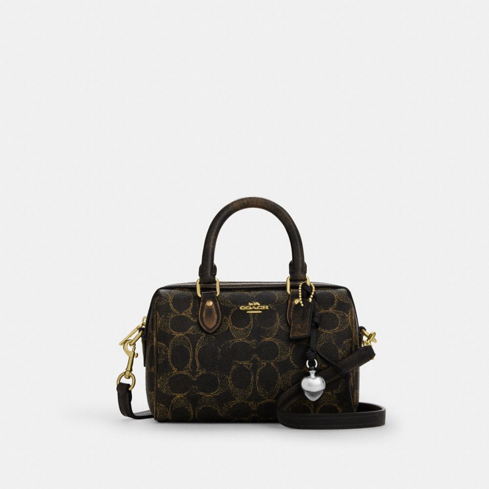 Coach Mini Rowan Crossbody Bag In Loved Signature Canvas With Charms Gold Brown