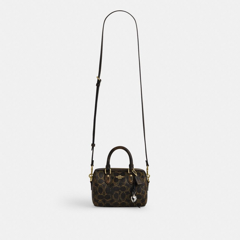 Coach Mini Rowan Crossbody Bag In Loved Signature Canvas With Charms Gold Brown
