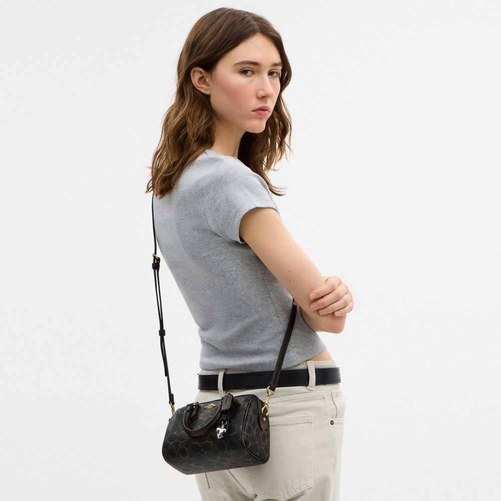 Coach Mini Rowan Crossbody Bag In Loved Signature Canvas With Charms Gold Brown