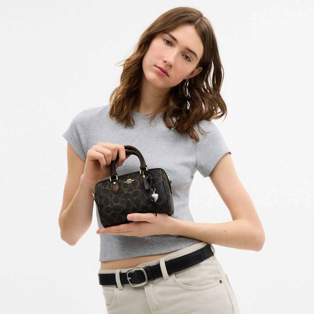 Coach Mini Rowan Crossbody Bag In Loved Signature Canvas With Charms Gold Brown