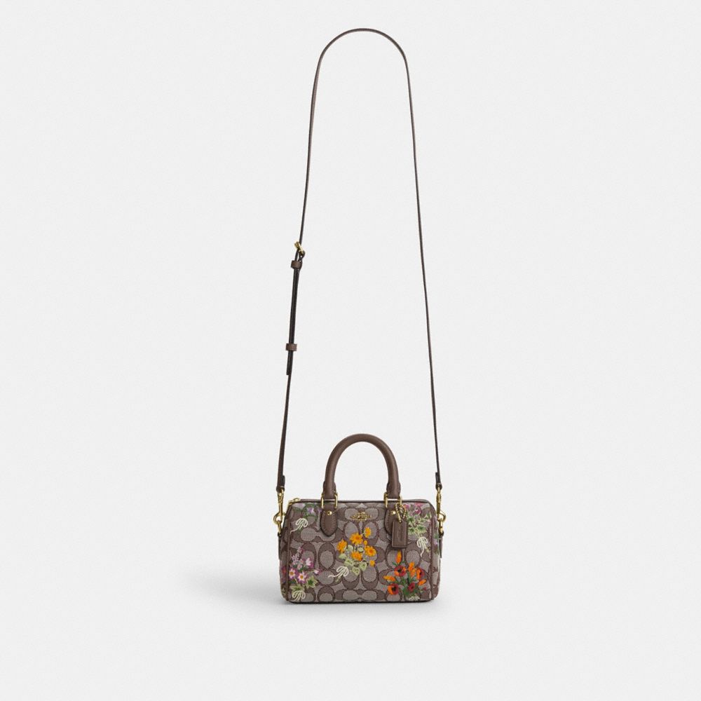 Coach Mini Rowan Crossbody Bag In Signature Jacquard With Floral Embroidery Gold Oak Multi