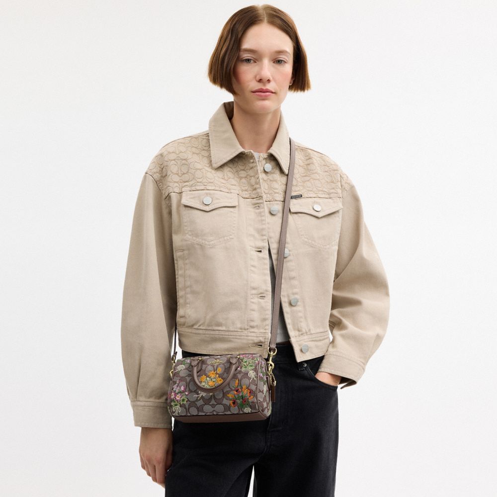 Coach Mini Rowan Crossbody Bag In Signature Jacquard With Floral Embroidery Gold Oak Multi