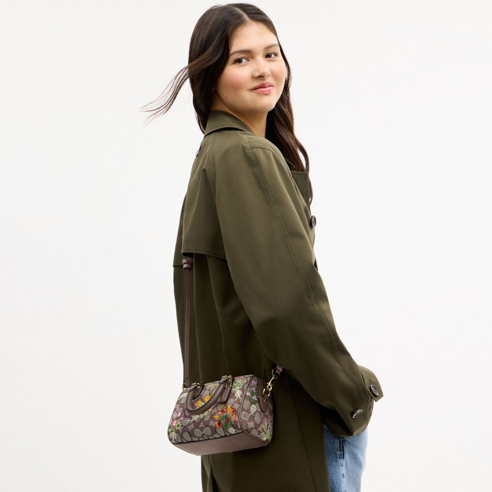 Coach Mini Rowan Crossbody Bag In Signature Jacquard With Floral Embroidery Gold Oak Multi