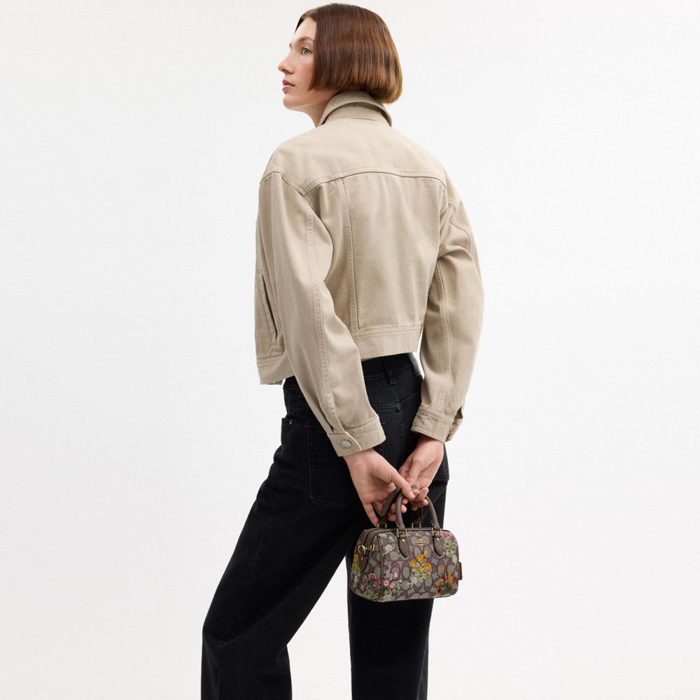 Coach Mini Rowan Crossbody Bag In Signature Jacquard With Floral Embroidery Gold Oak Multi