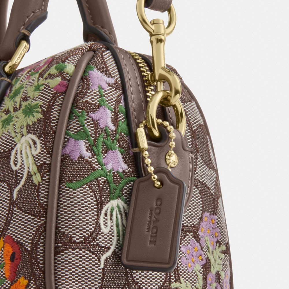 Coach Mini Rowan Crossbody Bag In Signature Jacquard With Floral Embroidery Gold Oak Multi