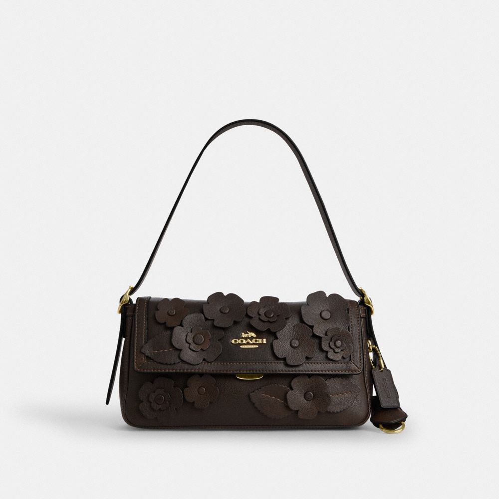 Coach Etta Small Flap Shoulder Bag With Floral Applique Gold Maple