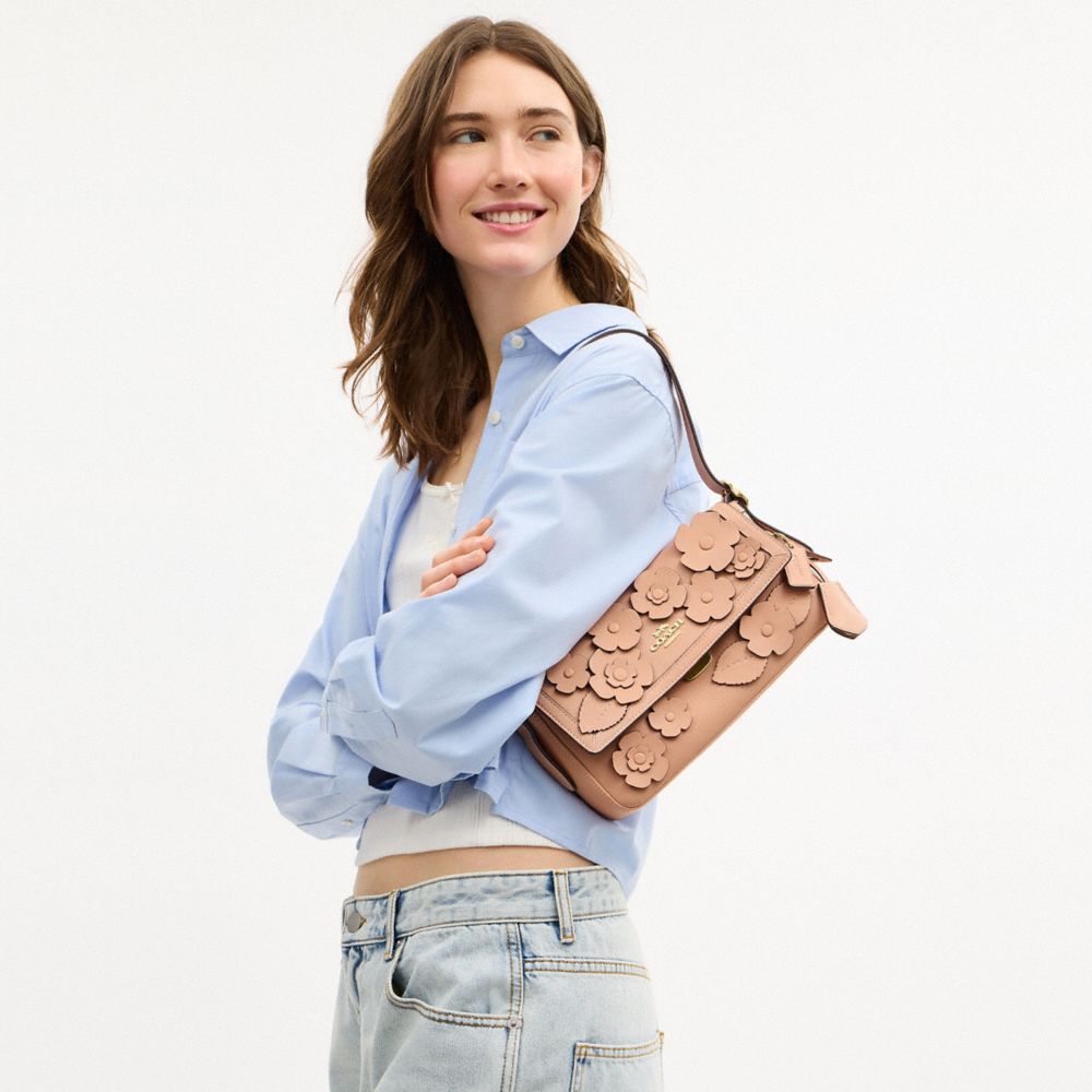Coach Etta Small Flap Shoulder Bag With Floral Applique Gold Light Pink