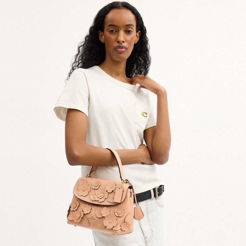 Coach Emory Top Handle Bag With Floral Applique Gold Light Pink