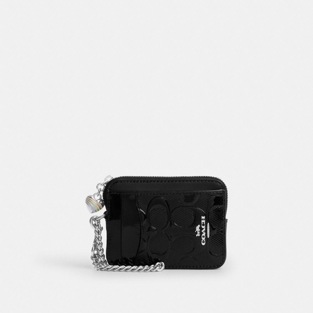 Coach Zip Card Case In Signature Leather With Heart Charm Silver