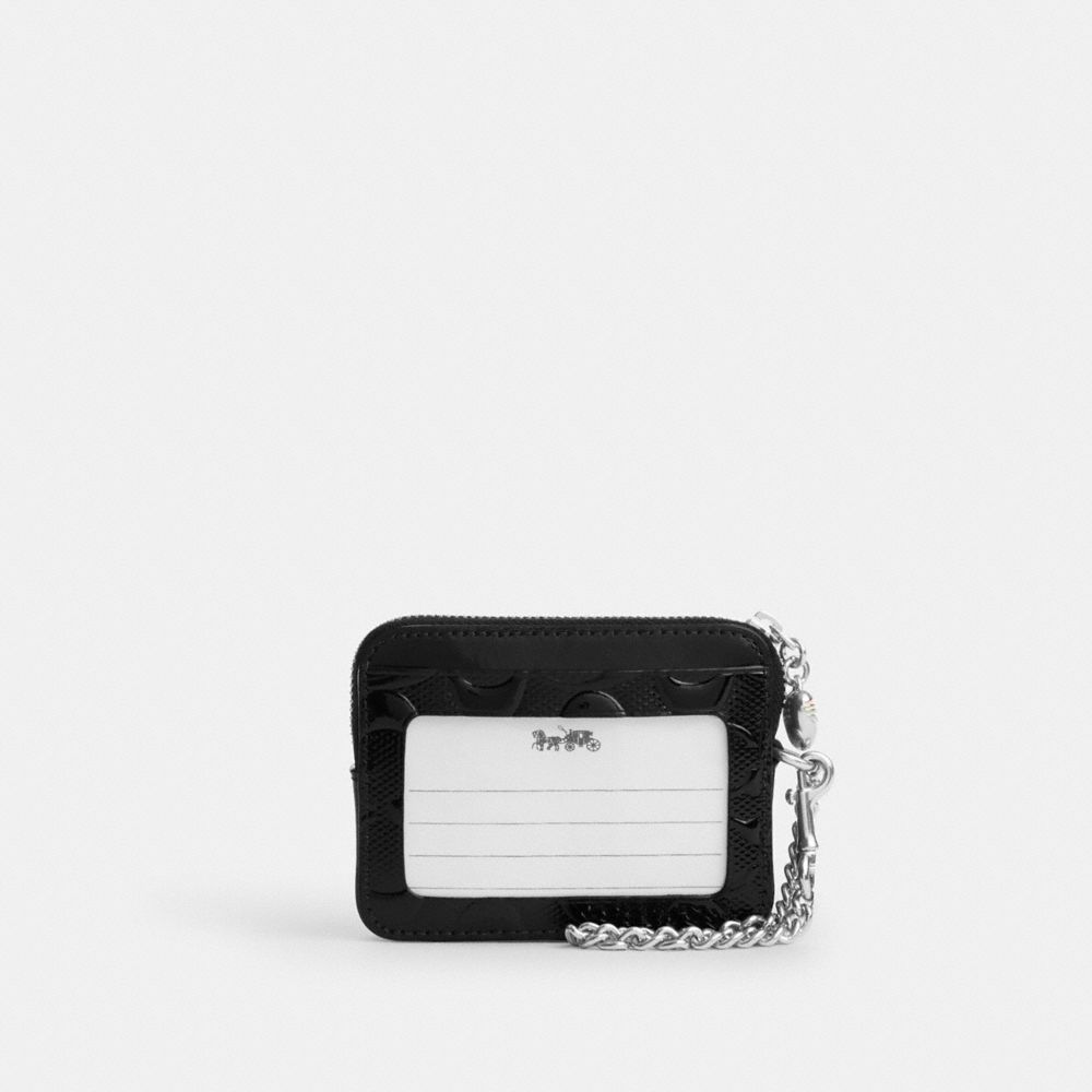 Coach Zip Card Case In Signature Leather With Heart Charm Silver