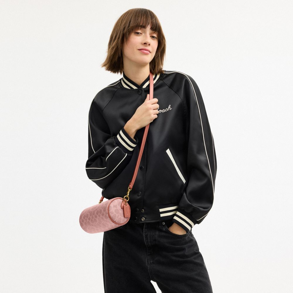 Coach Barrel Bag In Signature Canvas Brass Melon Pink