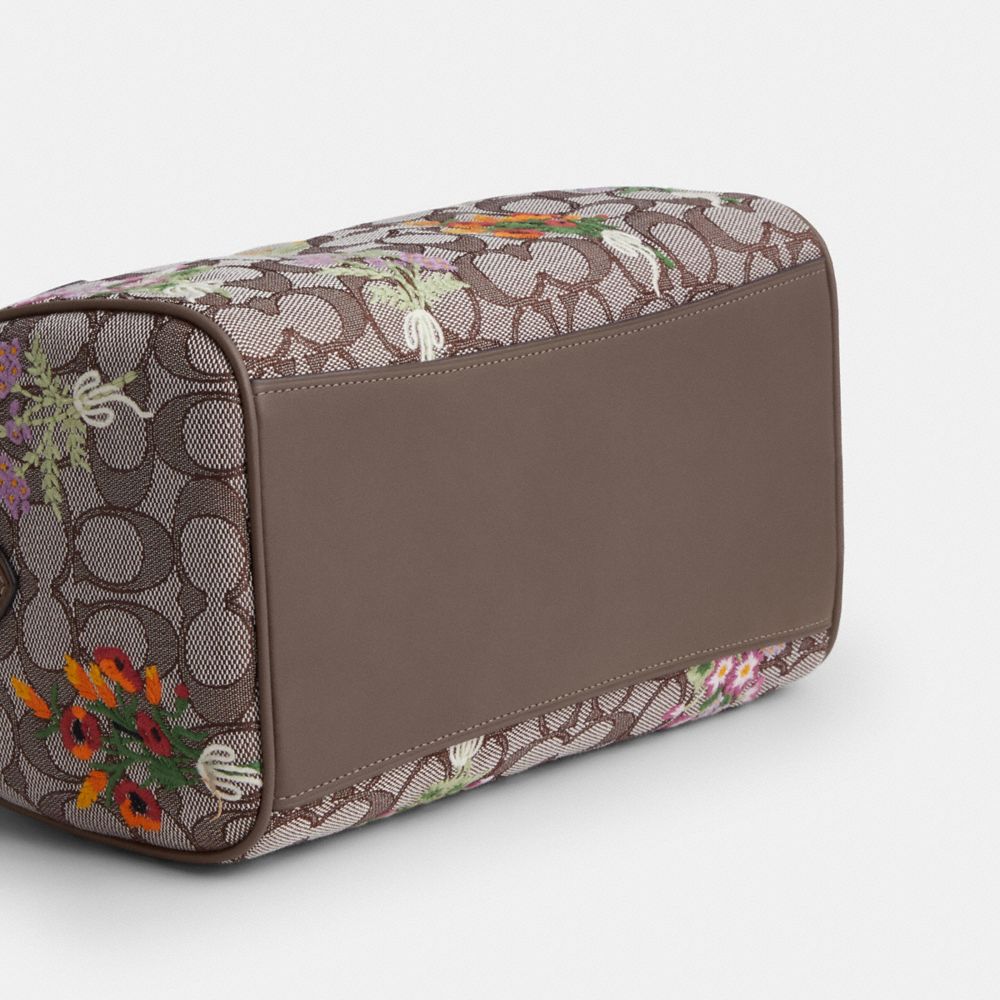 Coach Rowan Satchel Bag In Signature Jacquard With Floral Embroidery Gold Oak Multi