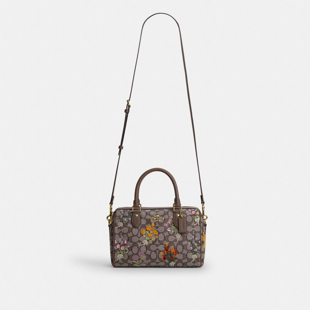 Coach Rowan Satchel Bag In Signature Jacquard With Floral Embroidery Gold Oak Multi