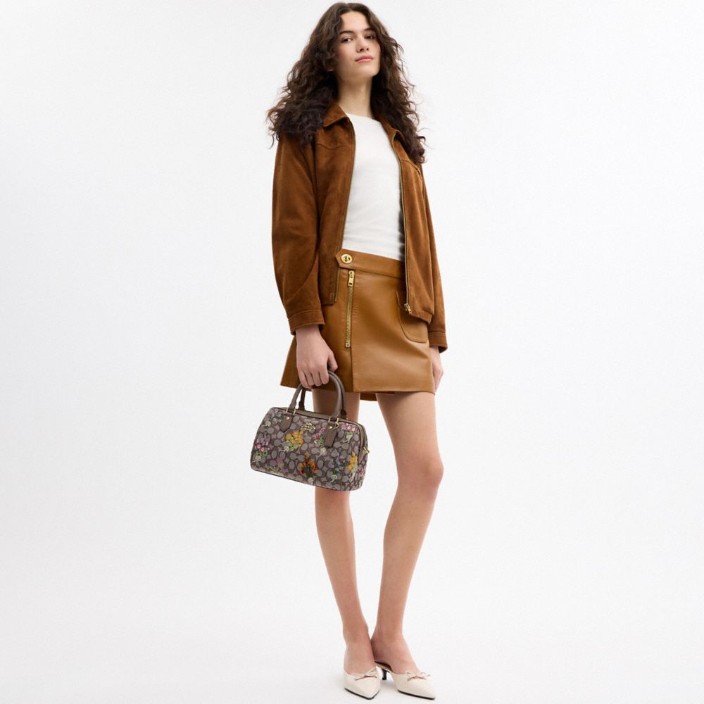 Coach Rowan Satchel Bag In Signature Jacquard With Floral Embroidery Gold Oak Multi