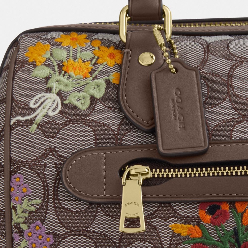Coach Rowan Satchel Bag In Signature Jacquard With Floral Embroidery Gold Oak Multi