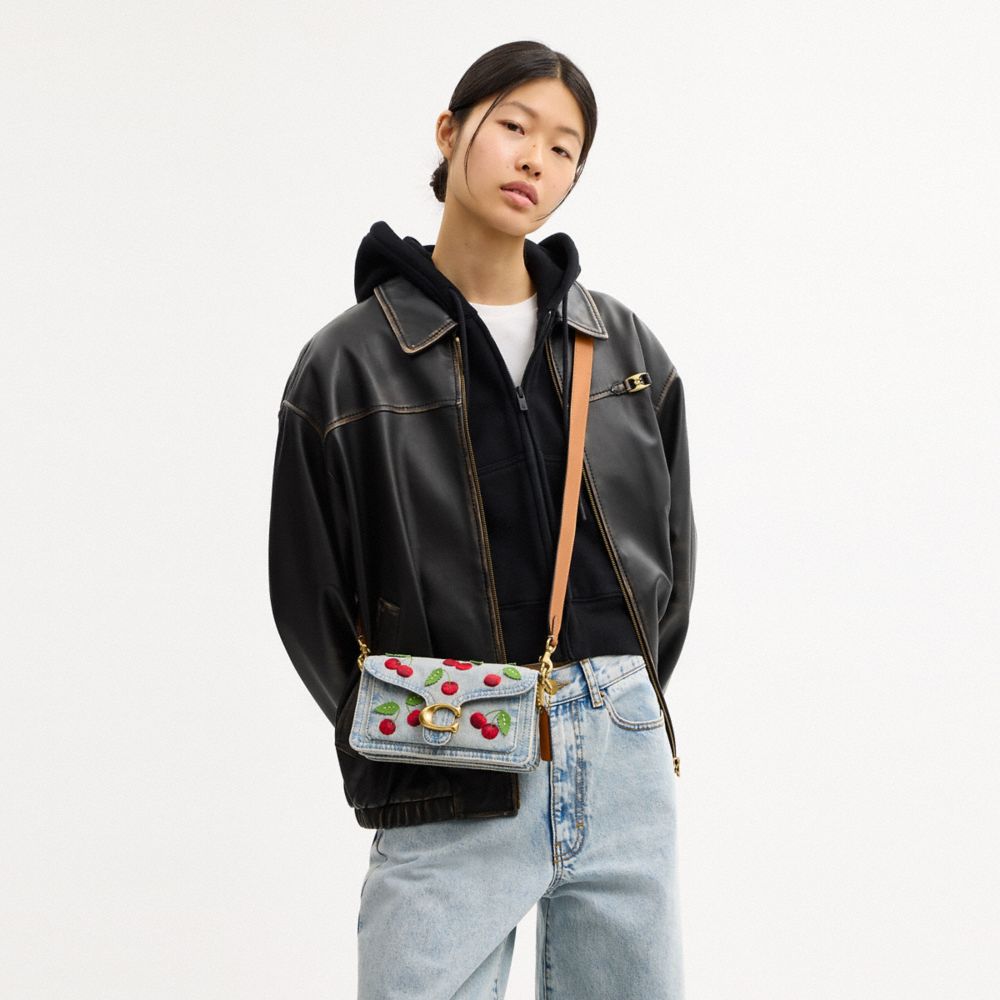 Coach Tabby Shoulder Bag 20 With Cherry Embroidery Brass Denim