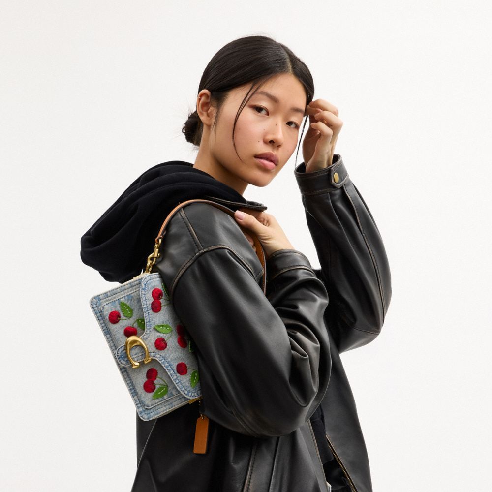 Coach Tabby Shoulder Bag 20 With Cherry Embroidery Brass Denim