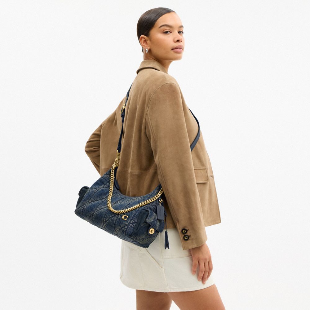 Coach Pocket Juliet Bag 30 In Regenerative Cotton Denim With Quilting Brass Dark Indigo