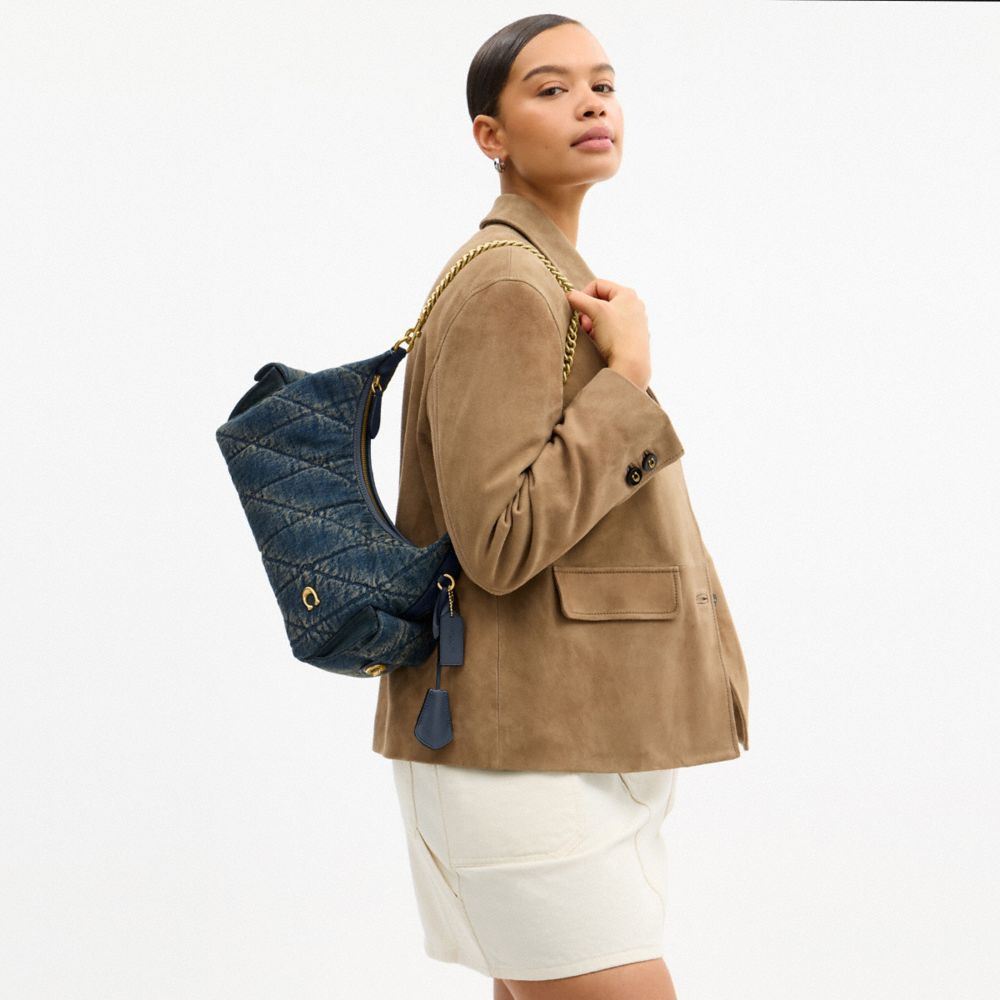Coach Pocket Juliet Bag 30 In Regenerative Cotton Denim With Quilting Brass Dark Indigo