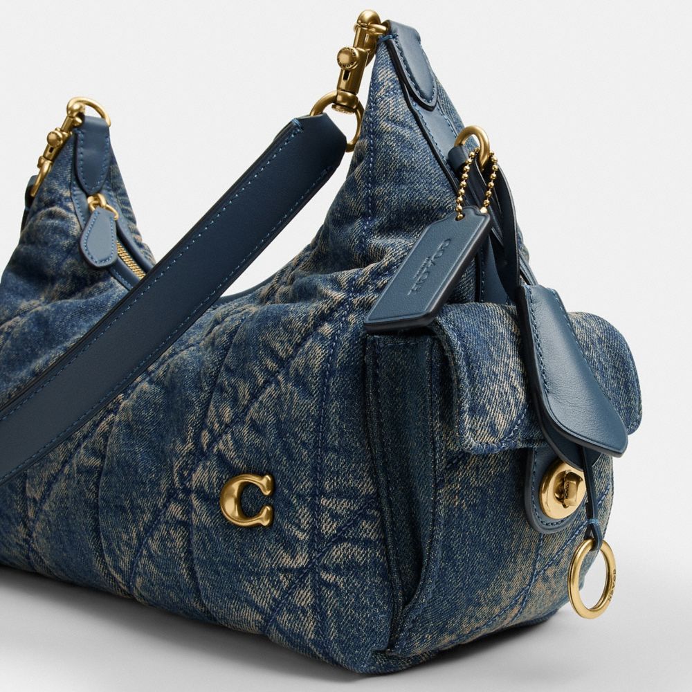 Coach Pocket Juliet Bag 30 In Regenerative Cotton Denim With Quilting Brass Dark Indigo