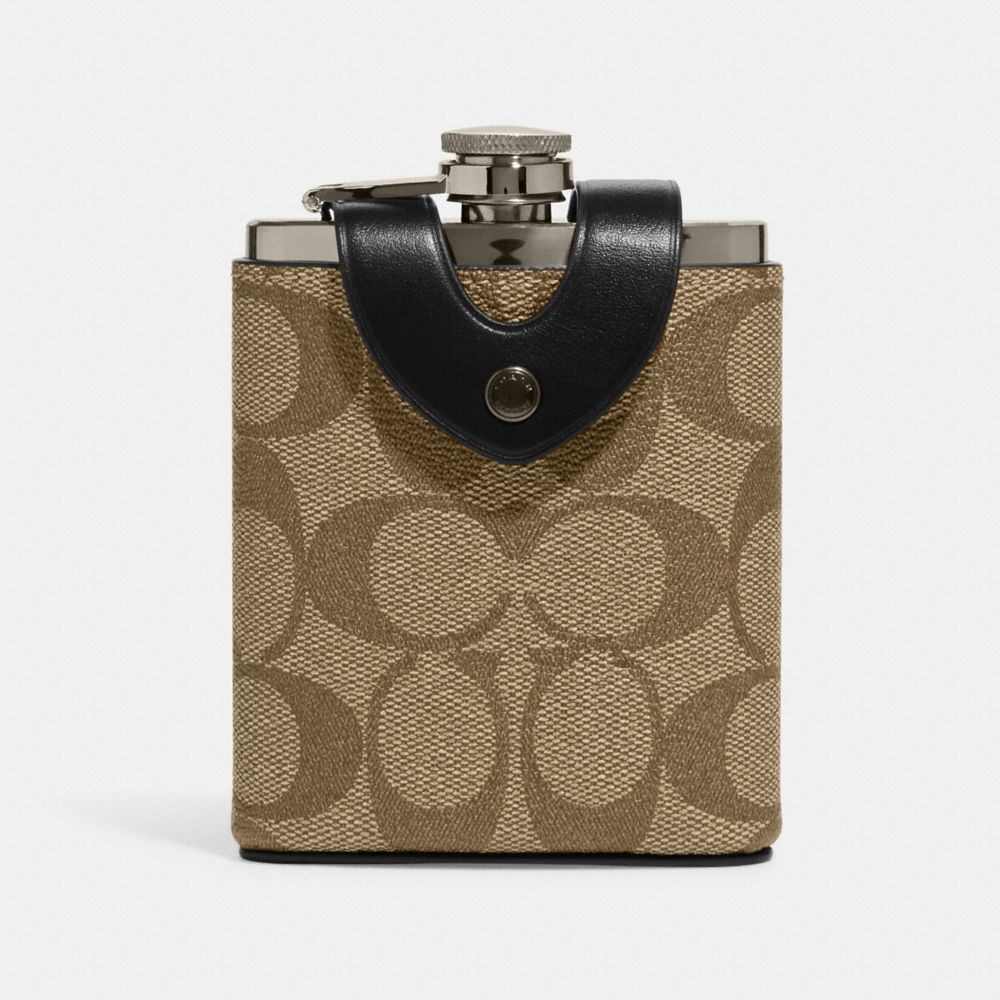 Coach Flask In Signature Canvas Gunmetal Khaki