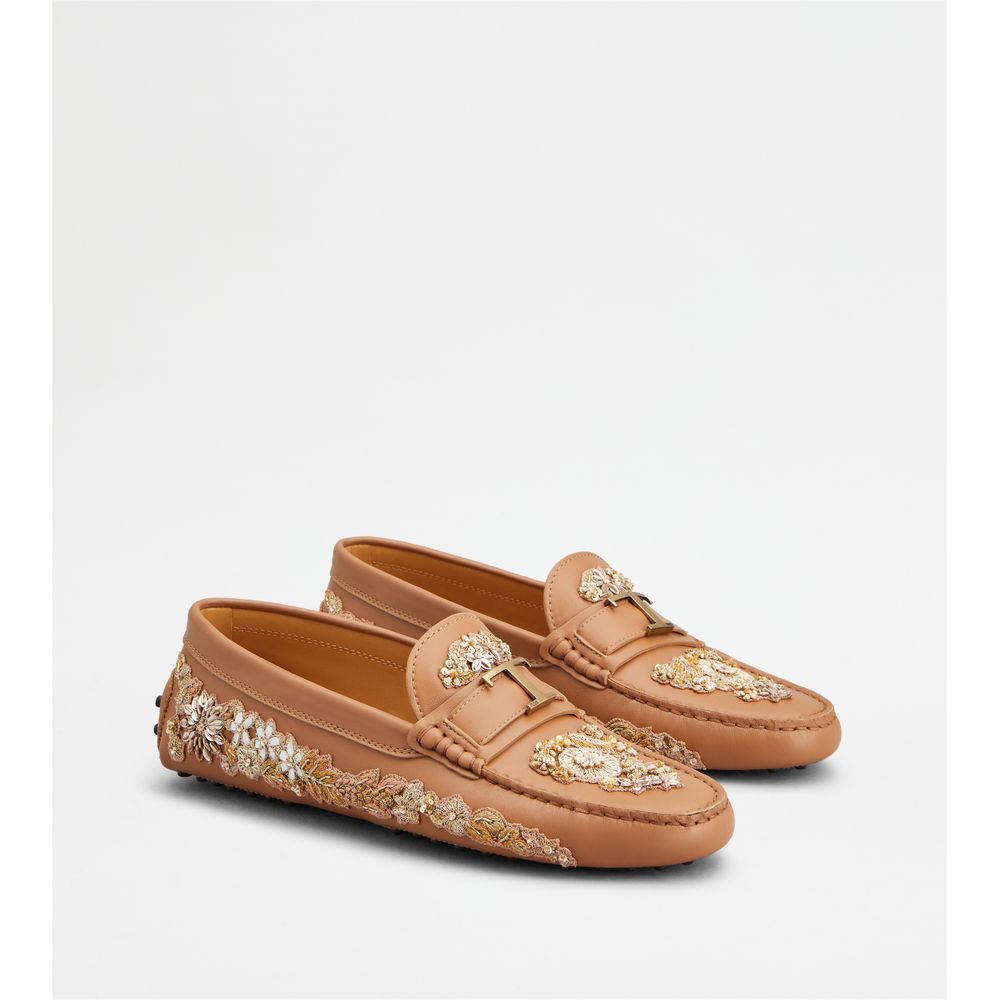 Tods T Timeless Gommino Driving Shoes In Leather Brown Gold Womens