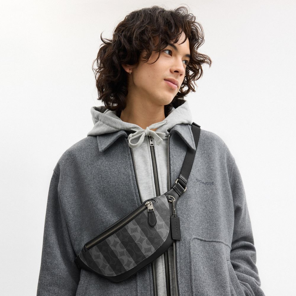 Coach Warren Mini Belt Bag In Signature Canvas With Stripes Gunmetal Black Grey