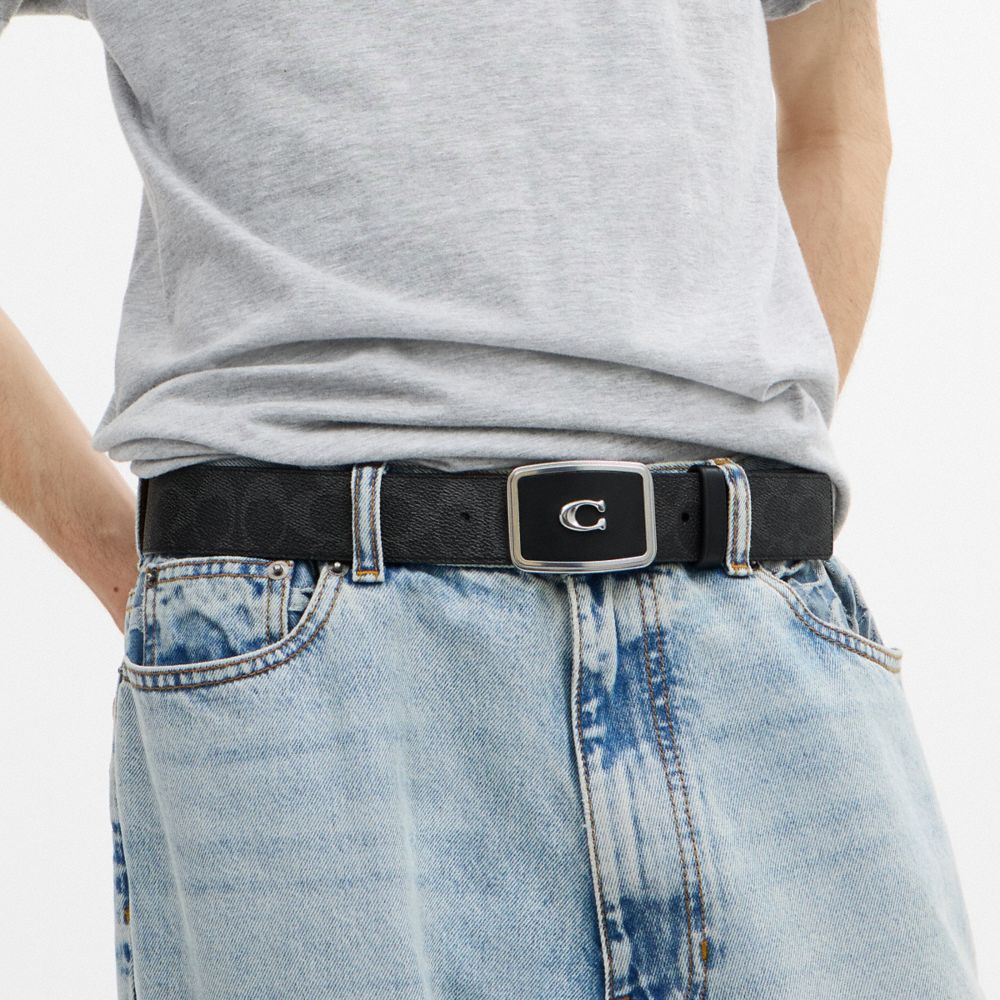 Coach Signature Plaque Buckle Belt, 38 Mm Black Signature