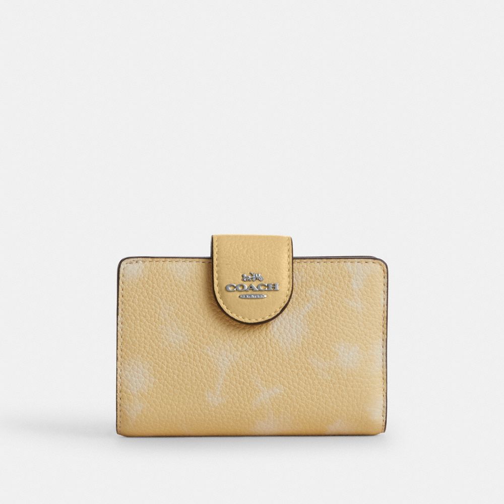Coach Medium Corner Zip Wallet With Floral Print Silver/Washed Yellow