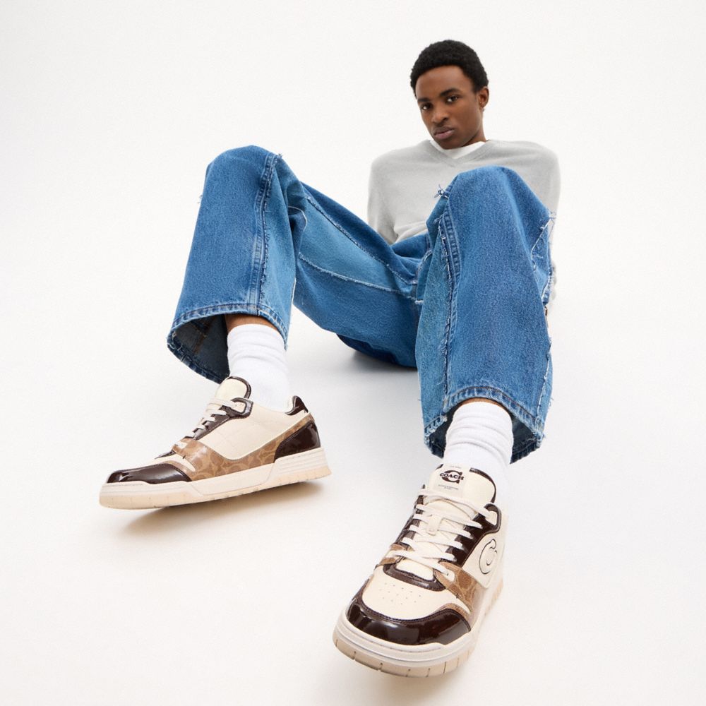 Men's Coach Soho Sneaker With Patent Signature Brown Maple