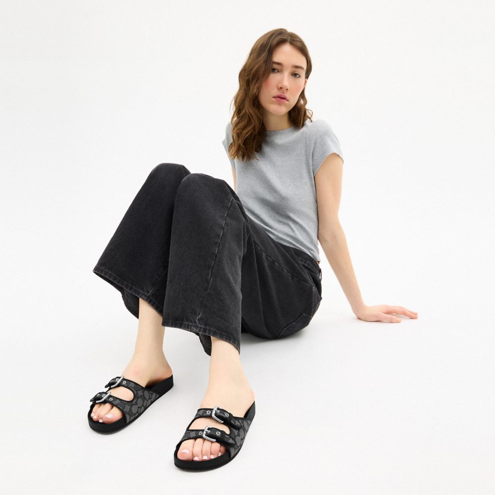 Women's Coach Two Band Buckle Sandal In Signature Jacquard Charcoal Black