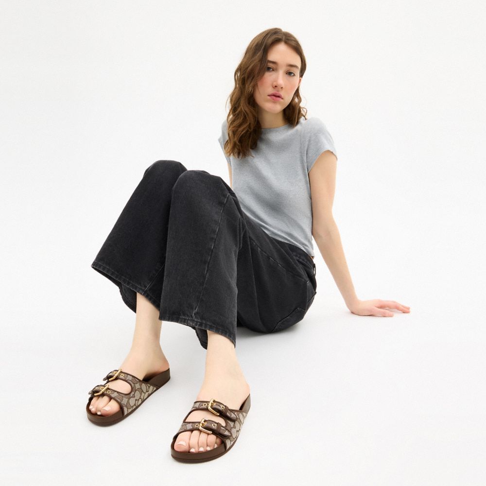 Women's Coach Two Band Buckle Sandal In Signature Jacquard Oak Maple