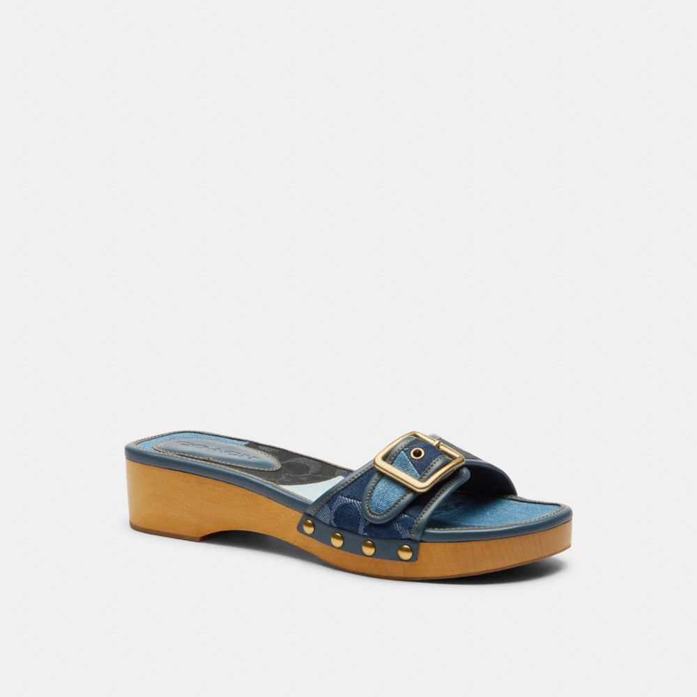 Women's Coach Margot Wooden Sandal With Signature Denim Patchwork Denim Multi