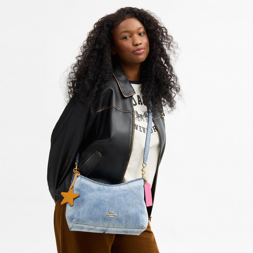 Coach Laurel Shoulder Bag In Loved Denim With Charms Gold Light Indigo