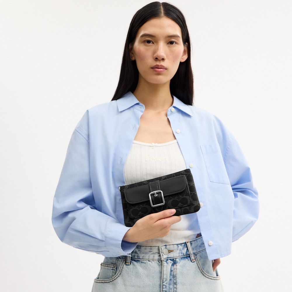 Coach Ashton Wristlet In Signature Denim Silver Black