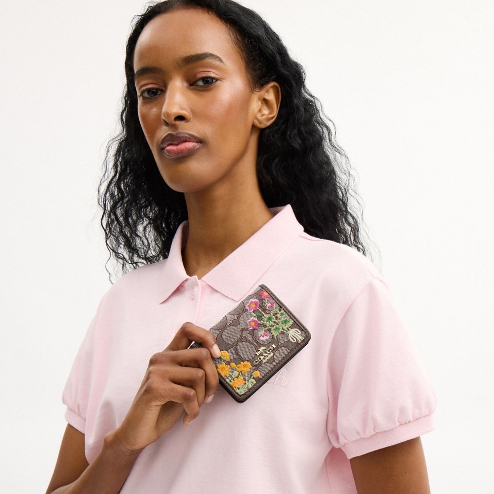 Coach Mini Wallet On A Chain In Signature Jacquard With Floral Embroidery Gold Oak Multi