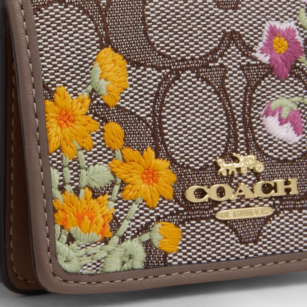 Coach Mini Wallet On A Chain In Signature Jacquard With Floral Embroidery Gold Oak Multi