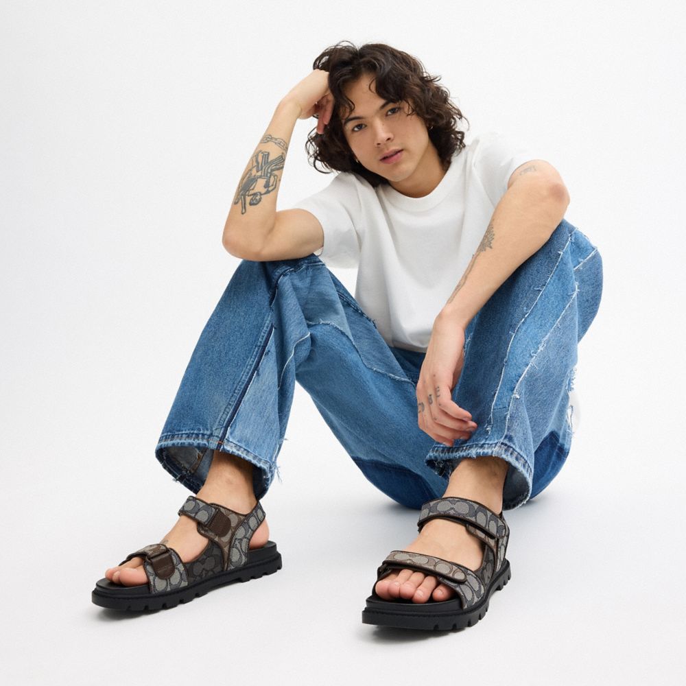 Men's Coach Double Strap Sandal In Signature Jacquard Deep Blue Multi